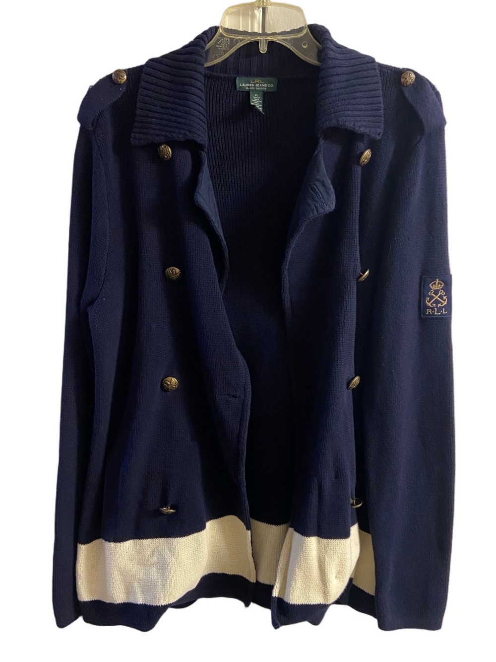 Ralph Lauren Navy Blue Double-Breasted Nautical Knit Cardigan Sweater XL